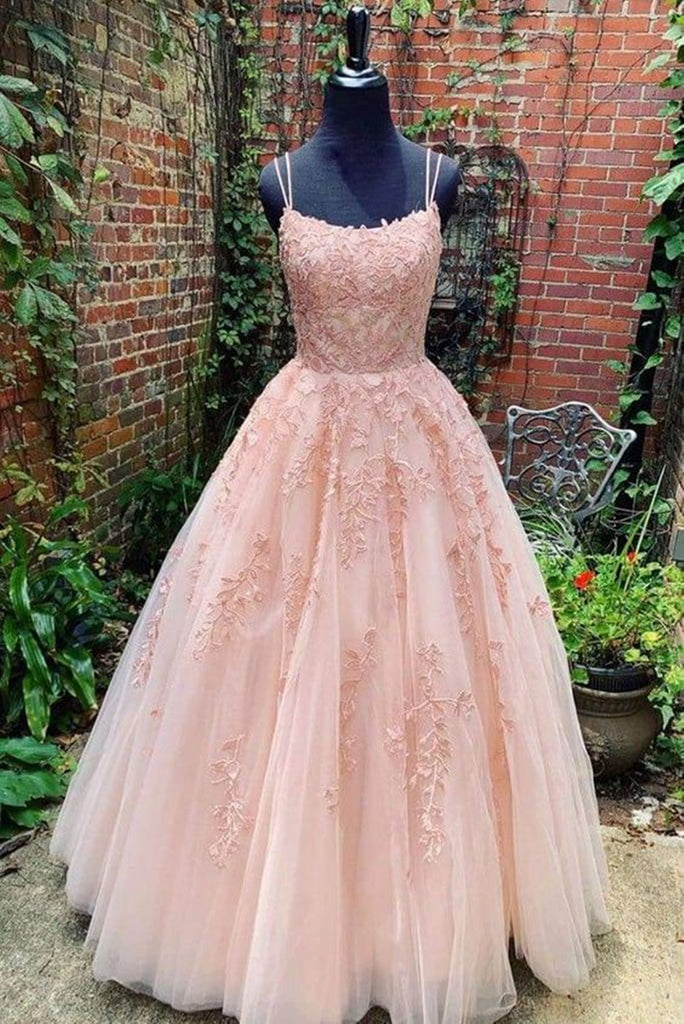 Backless Champagne Pink Long Lace Prom ...